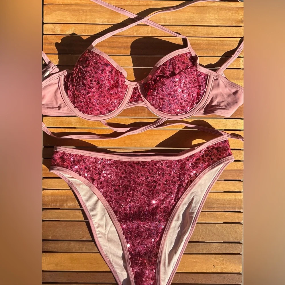 SMALL NWT CUPSHE Pink Mauve Sequin Adjustable Wire Bikini Bra
